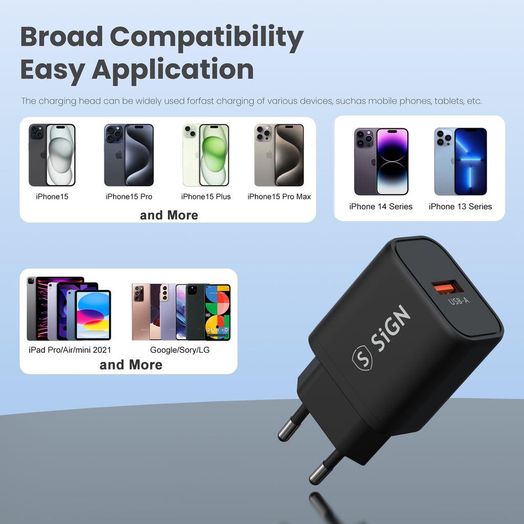SiGN Hurtigoplader USB-C/USB-A QC 3.0, 20W, 3A - Sort