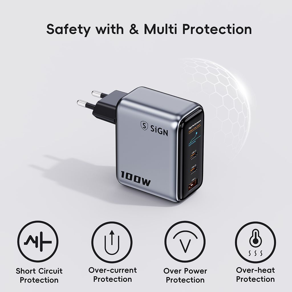 SiGN 100W Snabbladdare med Display – 2x USB-C / 1x USB-A - Grå