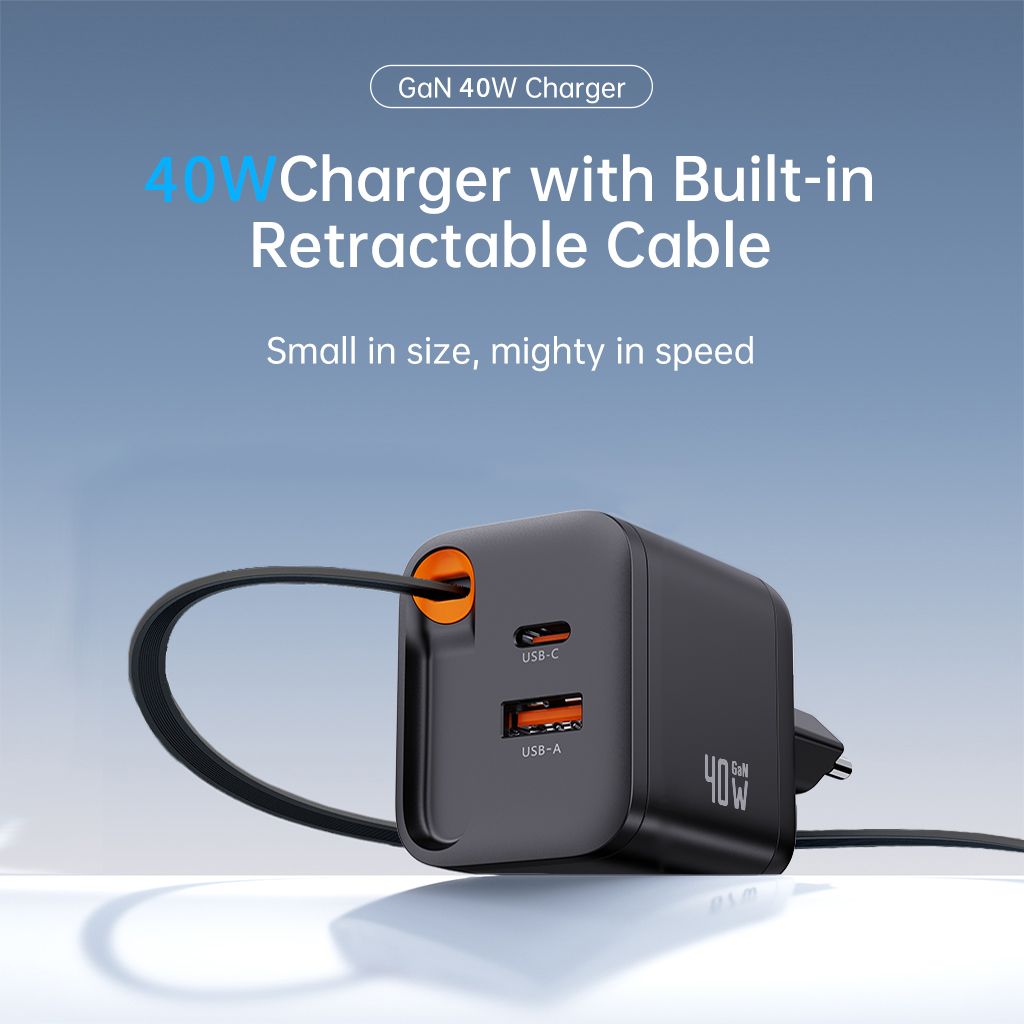 SiGN GaN Snabbladdare USB-C/USB-A 40W med utdragbar USB-C kabel  - Svart