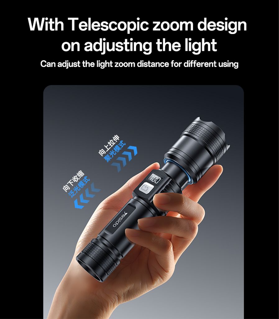 Yesido Teleskopisk Zoombar LED-lommelykt Oppladbar med Digital Display