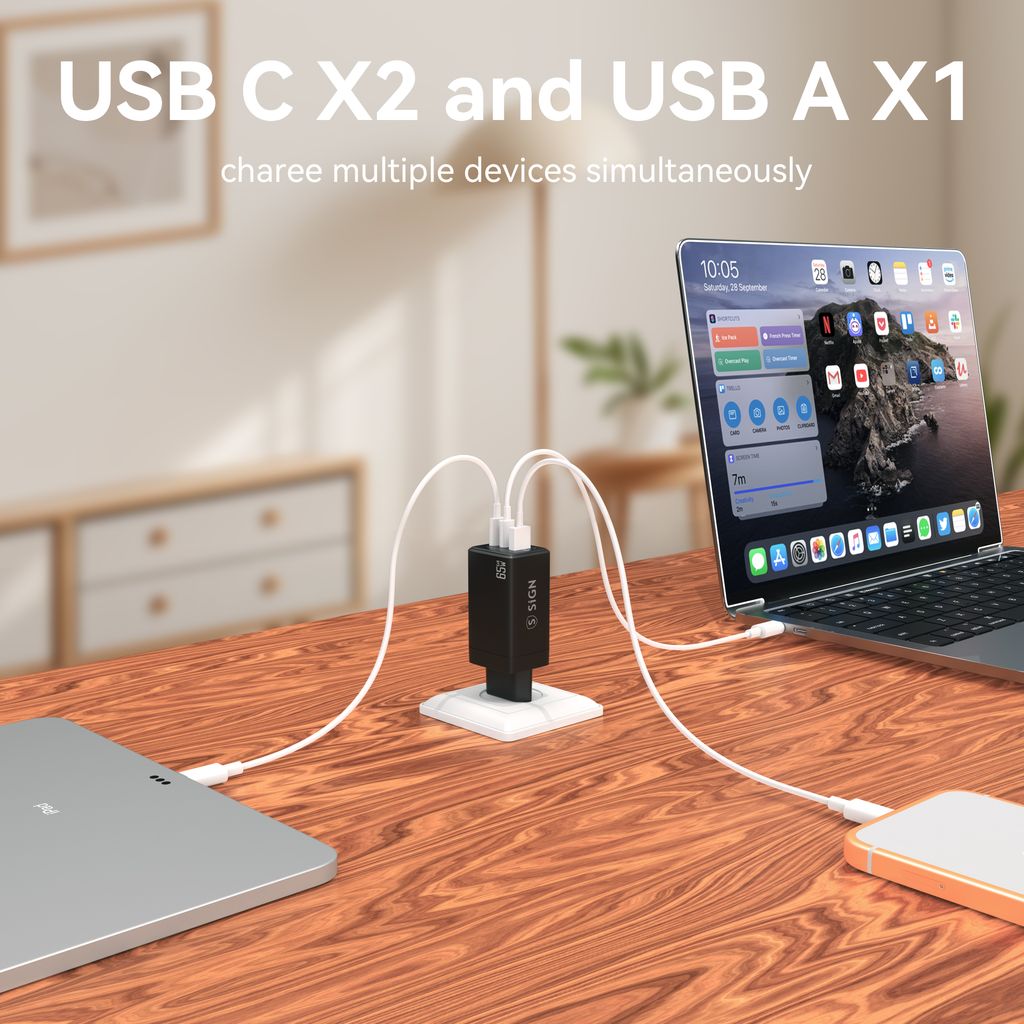 SiGN GaN Ultra 65W 2xUSB-C og 1xUSB-A hurtiglader - svart