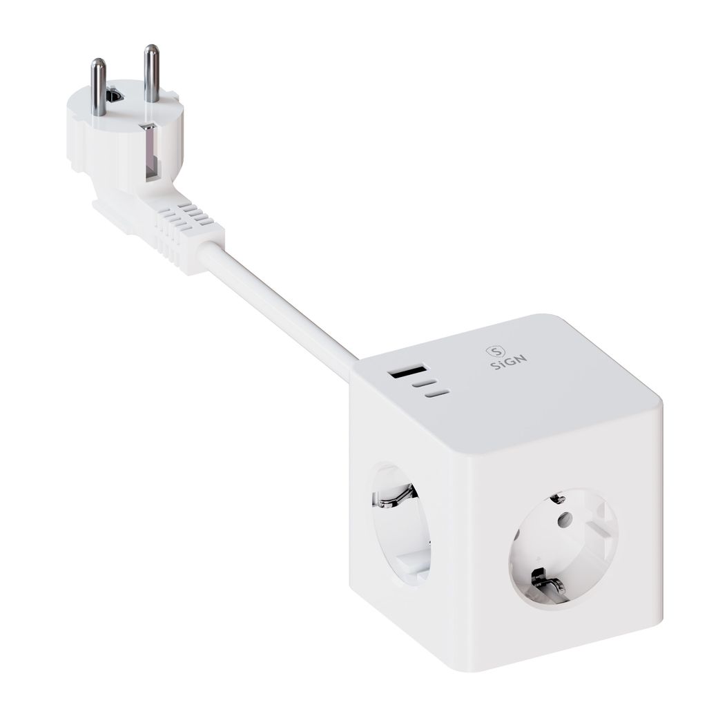 SiGN PowerCombo Cube Wall Charger 3680w, 2x USB-C, 1x USB-A, 3x AC, 16A - 20W, White
