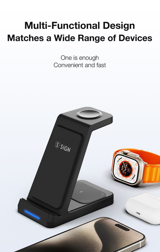 SiGN 3-in-1 Qi Langaton Latausteline 15W - Musta