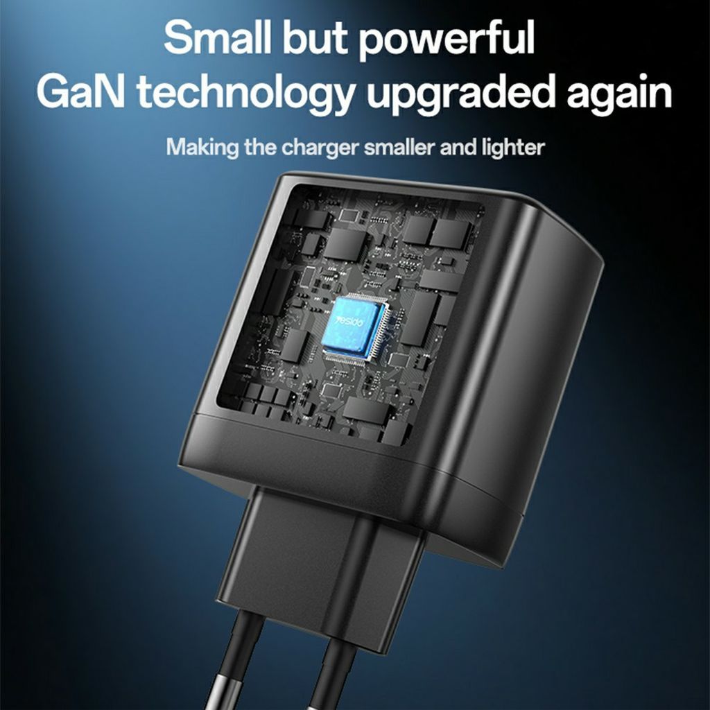 YESIDO YC144C 65W GaN hurtigoplader 2xUSB-C/1xUSB-A med USB-C kabel 1,2m – Sort