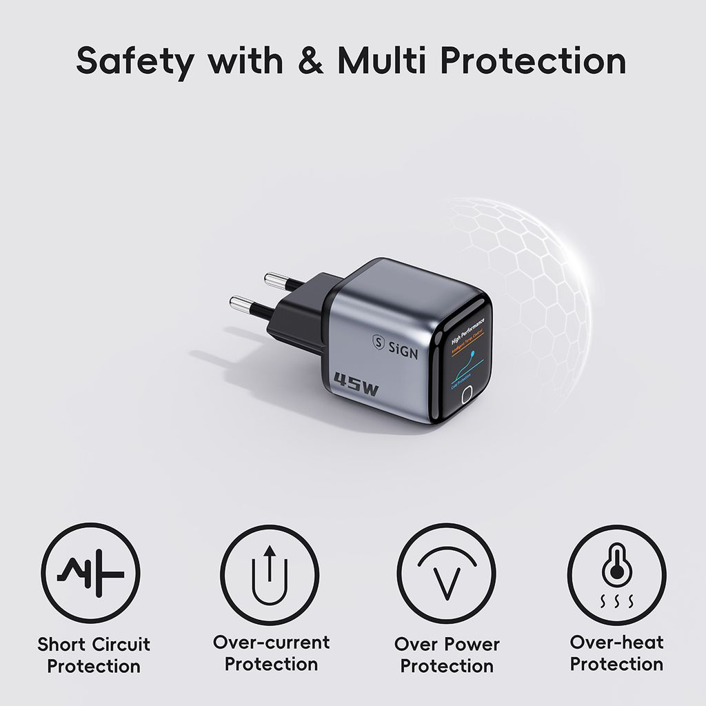 SiGN 45W Snabbladdare med Display – 2x USB-C - Grå