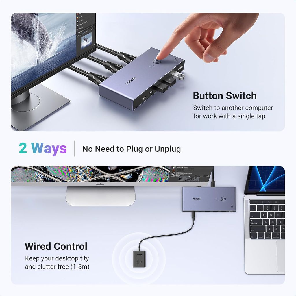 UGREEN 8K KVM-kytkin HDMI/USB-A/USB-C-porteilla