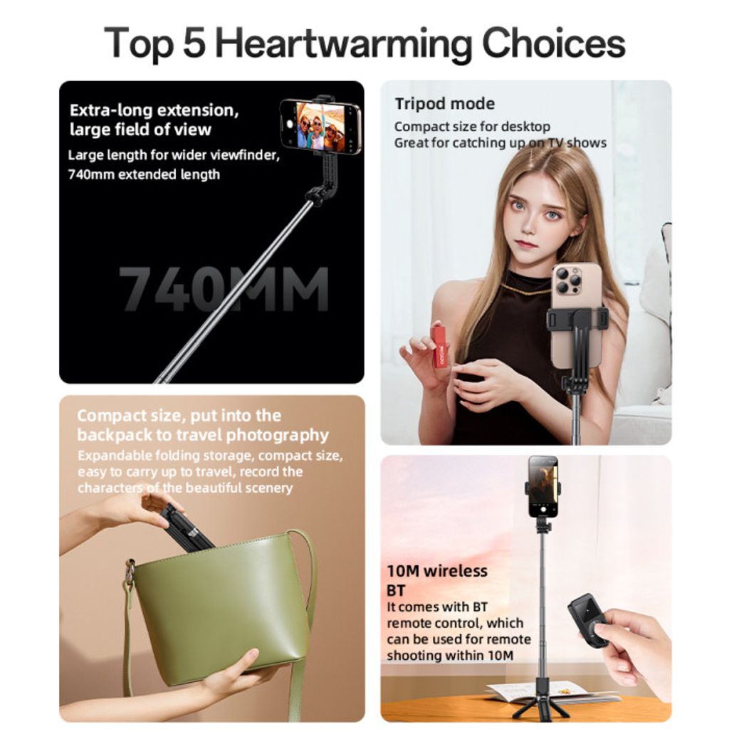 Yesido SF22 mini teleskopisk selfiestang / stativ, 74 cm