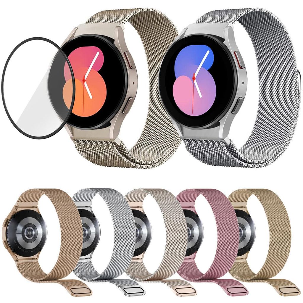 Samsung Galaxy Watch7 44mm Milanese-kellonranneke + näytönsuoja – Ruusukulta
