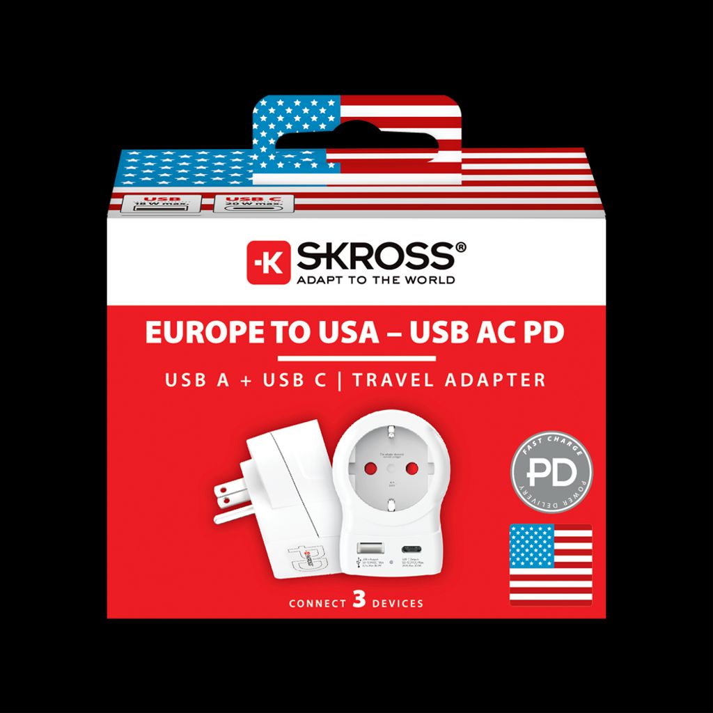 SKROSS Reiseadapter Europa til USA med USB-A/USB-C 20W PD