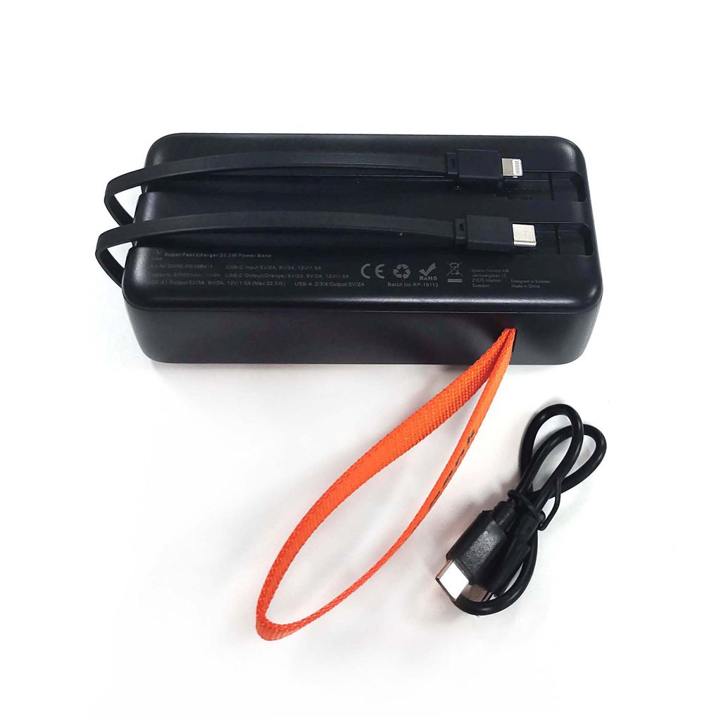 SiGN Kraftig Powerbank med Indbyggede Kabler, 30000mAh - Sort