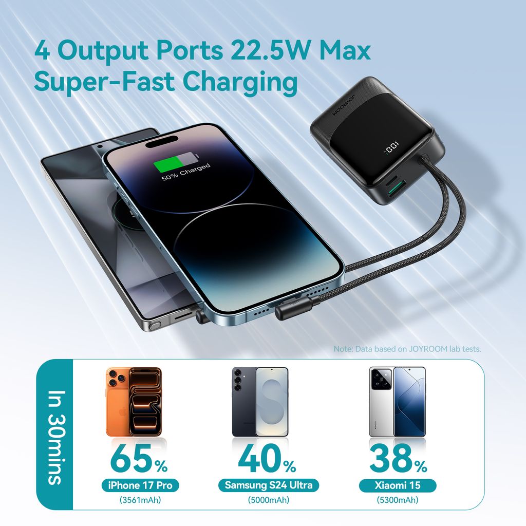 Joyroom JR-PC1 22.5W mini powerbank 10000mAh med USB-C/Lightning-kablar – Svart