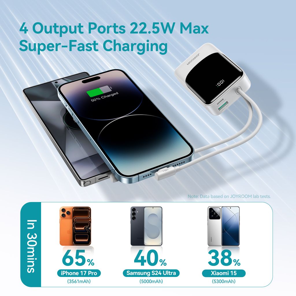 Joyroom JR-PC1 22.5W mini powerbank 10000mAh med USB-C/Lightning-kablar – vit