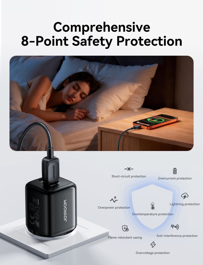 Joyroom JR-TG7 dobbel lader 33W + A9 USB-C-kabel 60W 1m – svart