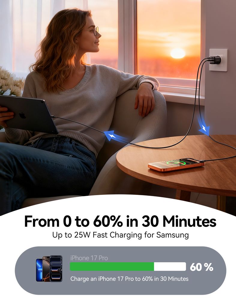 Joyroom JR-TG7 33W hurtiglader + A9 USB-C til Lightning-kabel 30W 1m – hvit