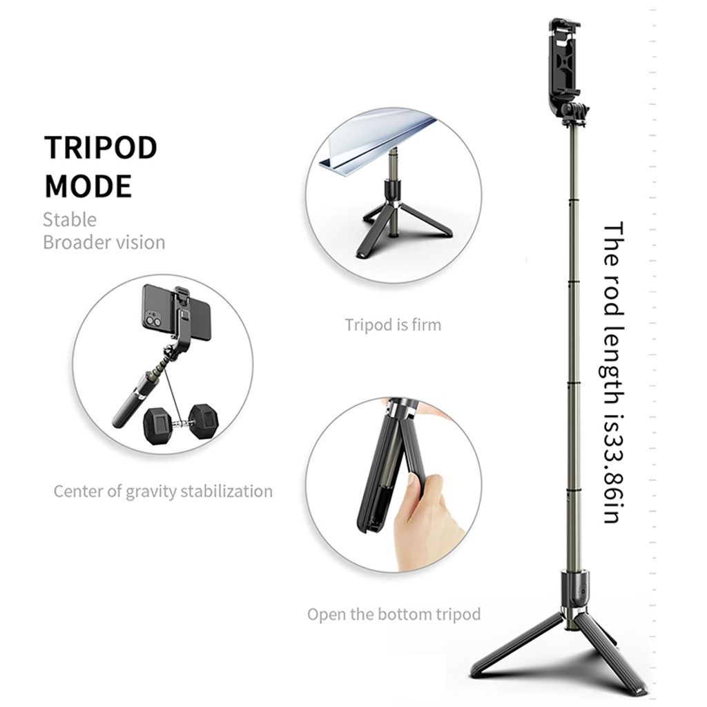 Vikbar Bluetooth Selfiepinne & stativ i aluminiumlegering, 86cm – svart
