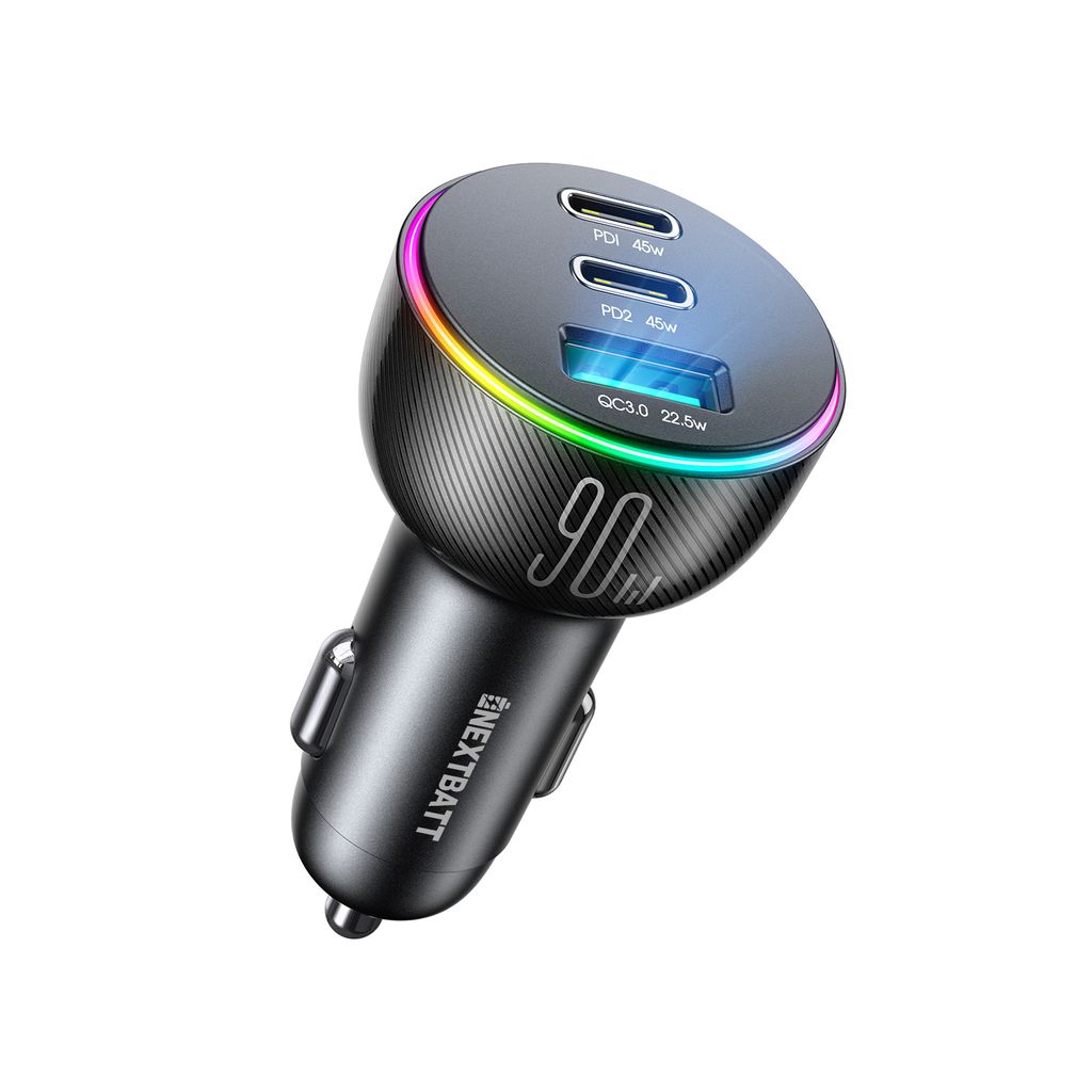 NEXTBATT LED billaddare 90W PD, USB-A / 2x USB-C – svart