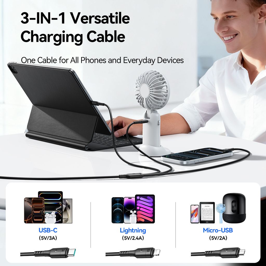 Joyroom S-A61 OmniGo-serien 3-i-1 USB-A-ladekabel USB-C/Lightning/Micro – svart