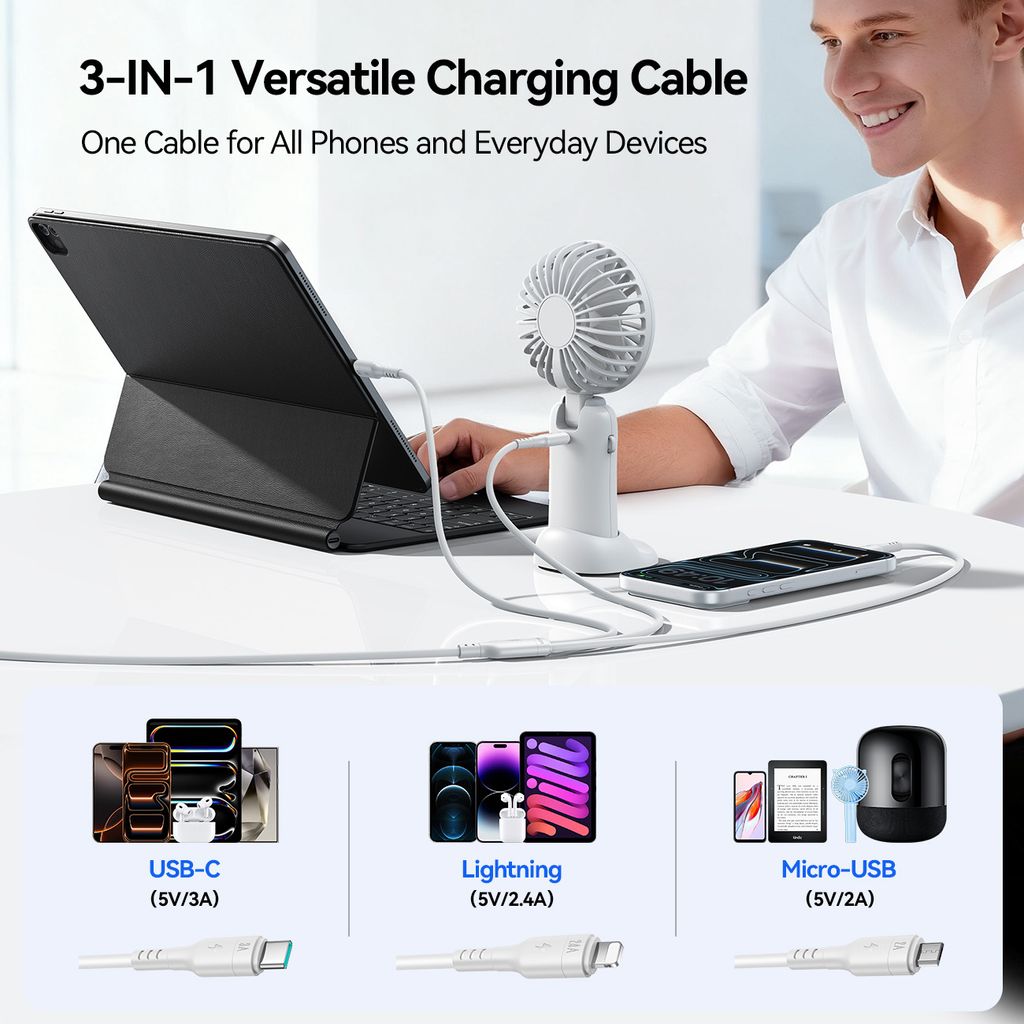 Joyroom S-A61 OmniGo-serien 3-i-1 USB-C-ladekabel USB-C/Lightning/Micro – hvit