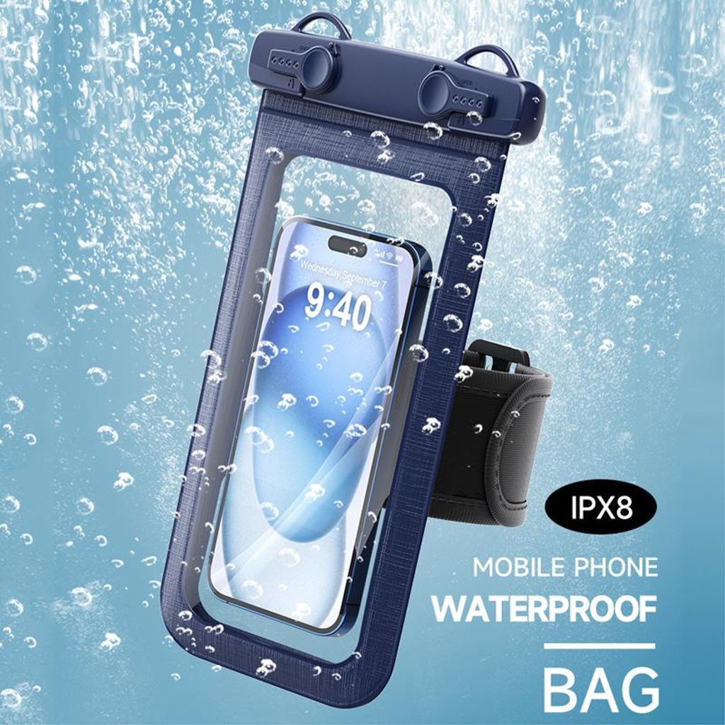Universal IPX8 vandtæt etui til mobiltelefoner med armbånd – marineblå