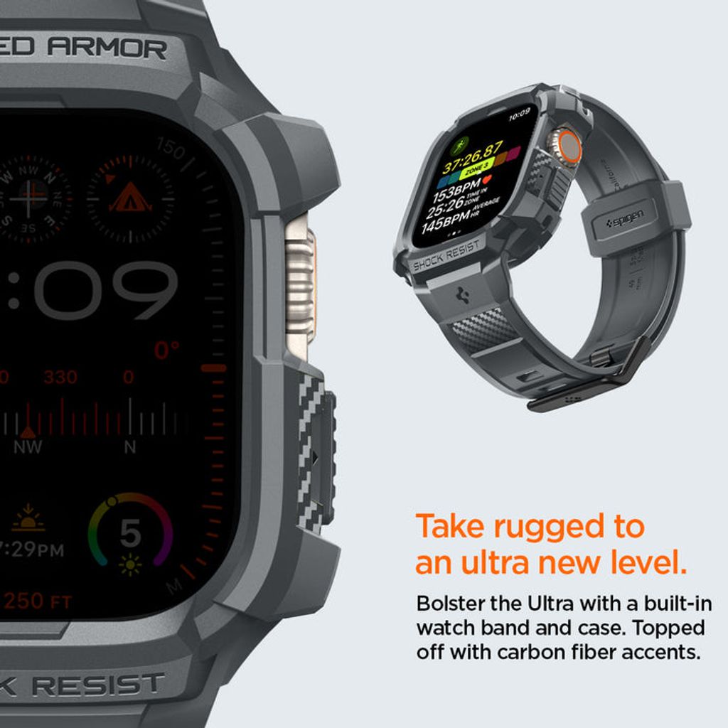 Spigen Apple Watch Ultra 4/3/2/1 49mm Kellonranneke & Kuori Rugged Armor Pro - Harmaa