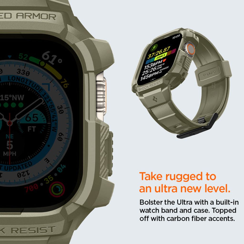 Spigen Rugged Armor Pro -kellonranneke + suojakuori Apple Watch Ultralle 4/3/2/1 (49 mm) - Vintage Khaki