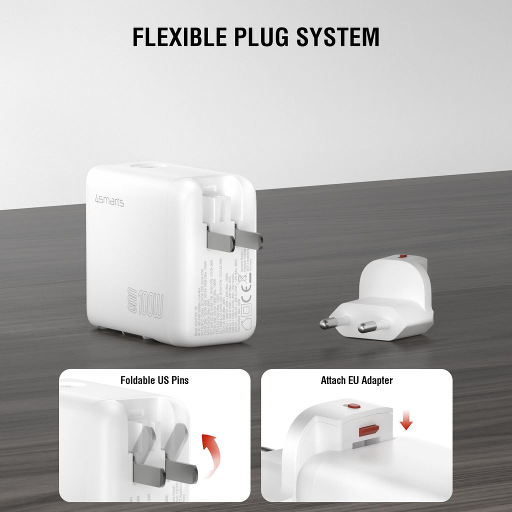 4Smarts GaN Flex 100W matkasovitin/laturi EU/USA - USB-C/USB-A + USB-C-kaapeli