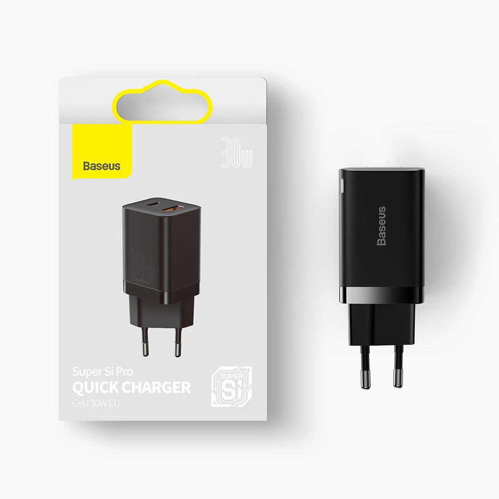 Baseus Super Si Pro hurtigoplader USB & USB-C 30W sort