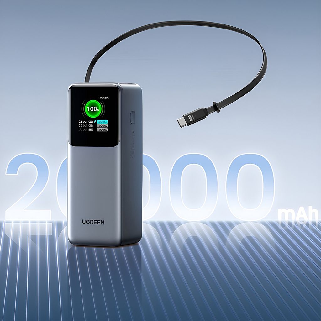 Ugreen Powerbank PB726 20000mAh, 165W med innebygd USB-C-kabel – Grå