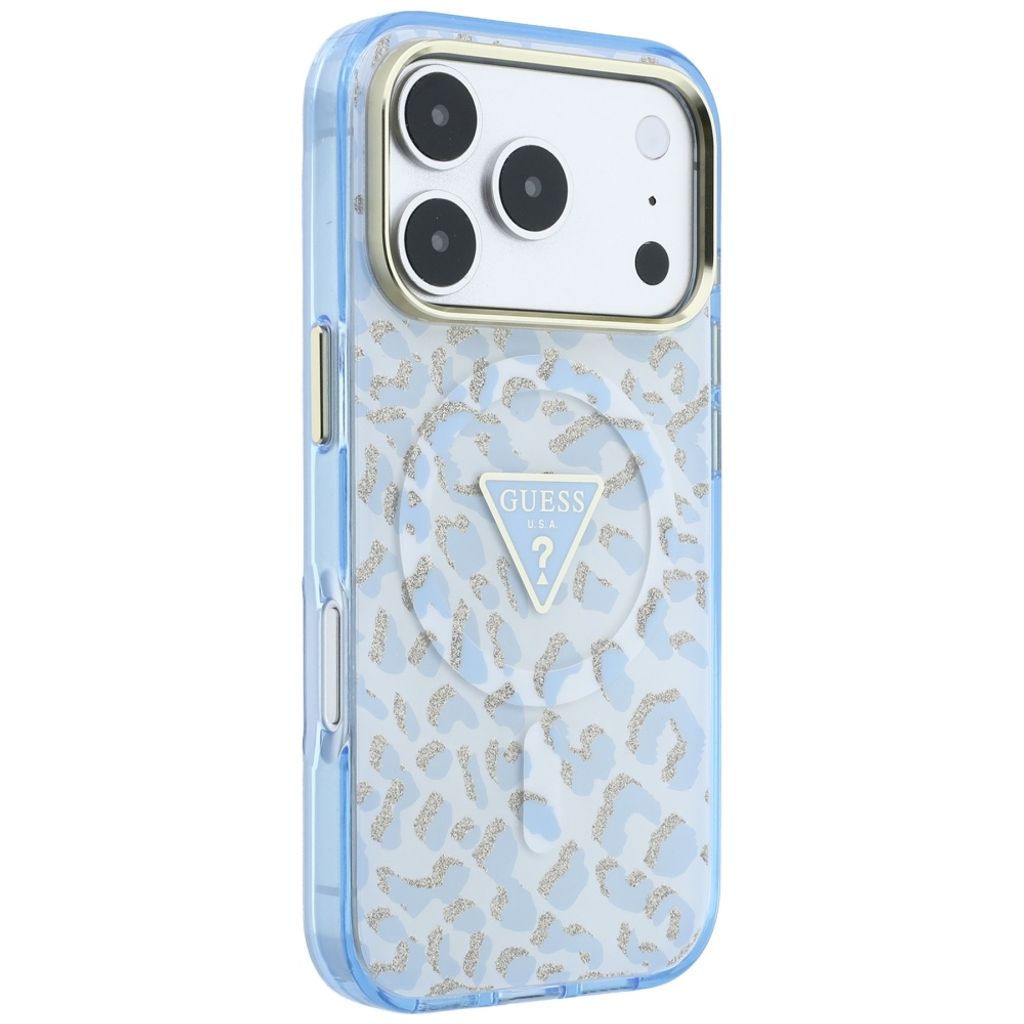 Guess Leopard Glitter Triangle Logo MagSafe -kuori iPhone 17 Pro Max/18 Pro Max:lle - Sininen