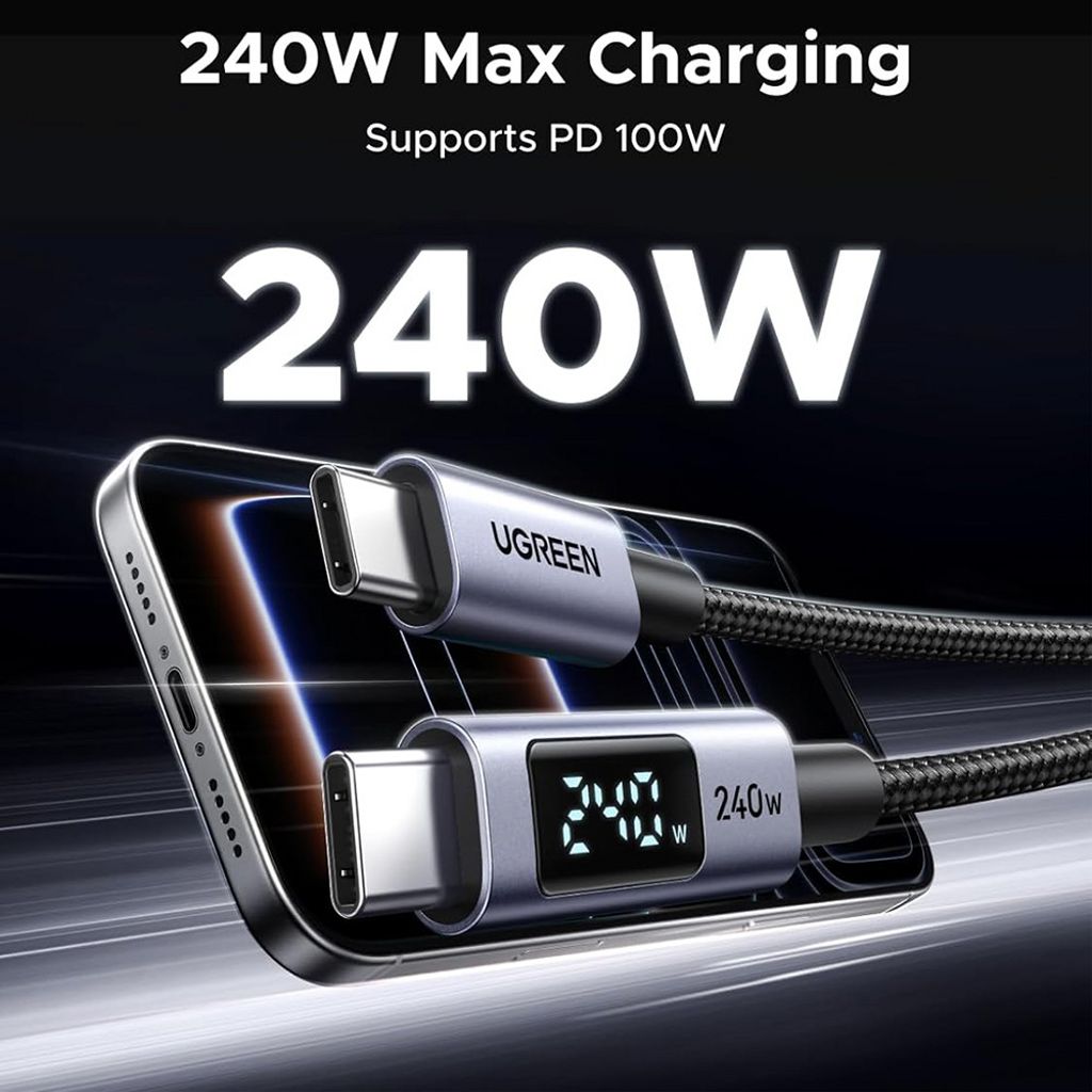 UGREEN 65866 USB-C till USB-C-kabel med Display, 240W – Grå