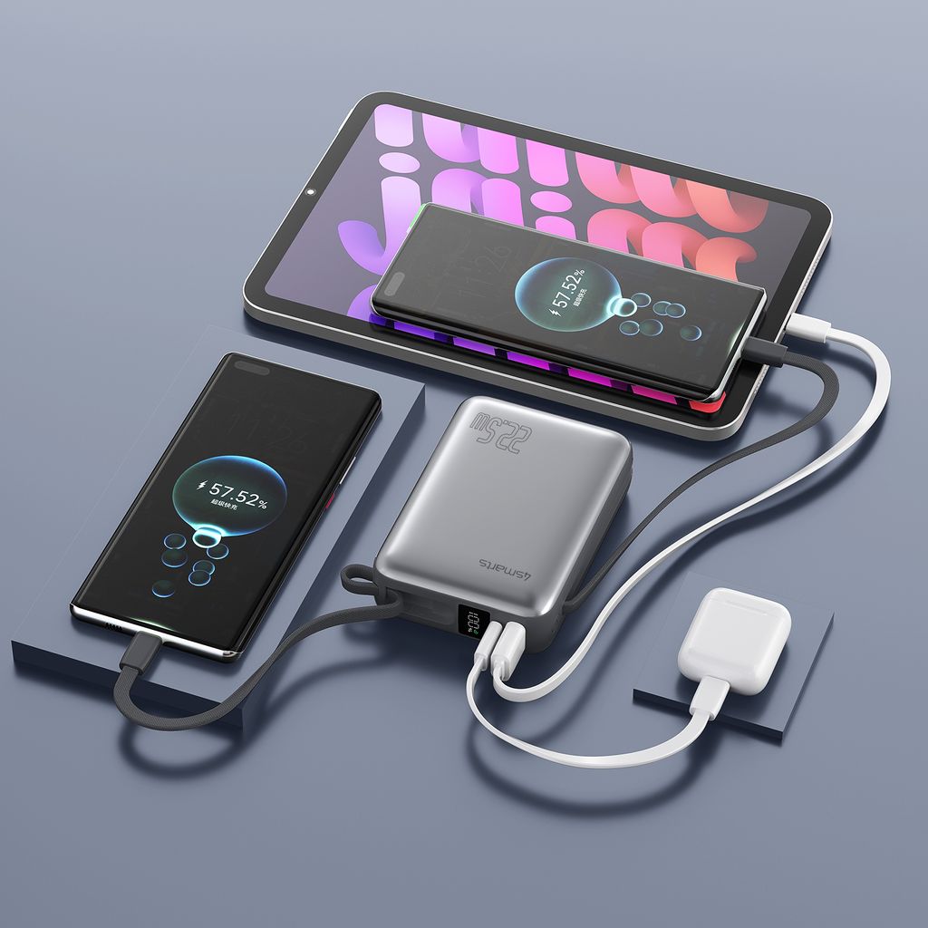 4Smarts Pocket Powerbank med Dubbla USB-C kablar 20000 mAh 22.5W – Space Grey