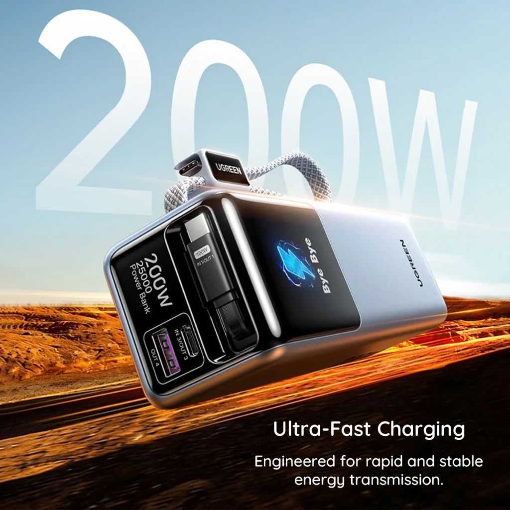 Ugreen PB728 powerbank 25000mAh 200W QC/PD met USB-C-kabel - grijs