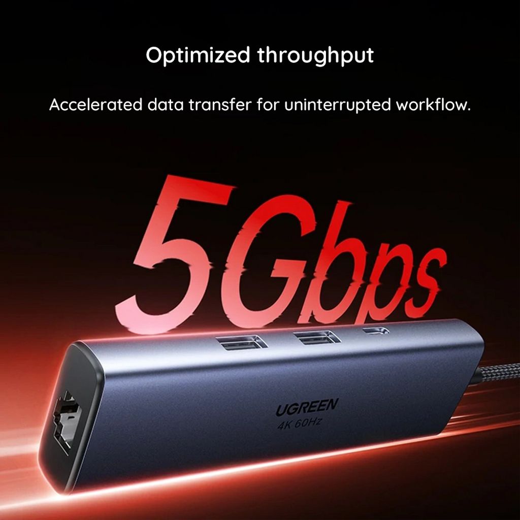 UGREEN CM512 USB-C-keskitin 6in1, jossa 1x USB-C/2x USB-A/1x RJ45/1x DisplayPort - harmaa