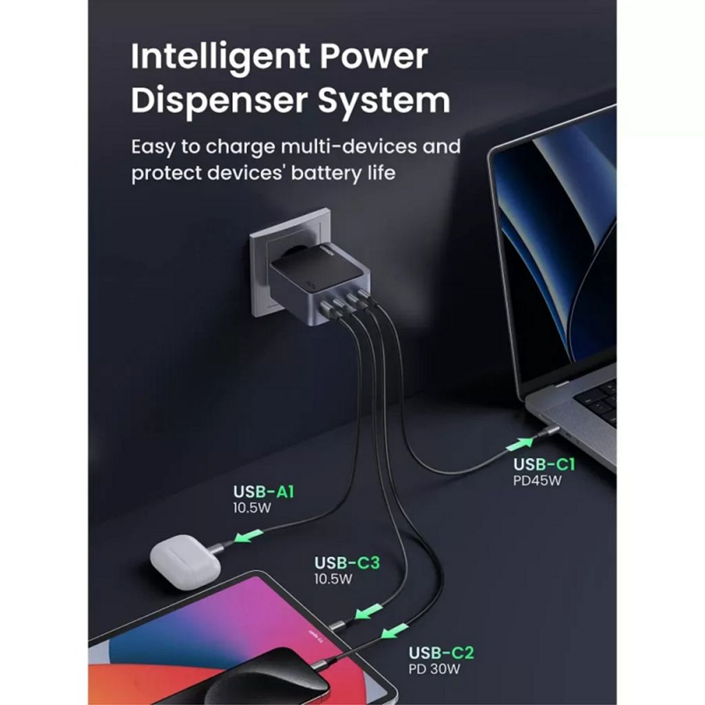 UGREEN 140W Seinälaturi X570 Nexode S 5A, 1x USB-A/3x USB-C - Harmaa