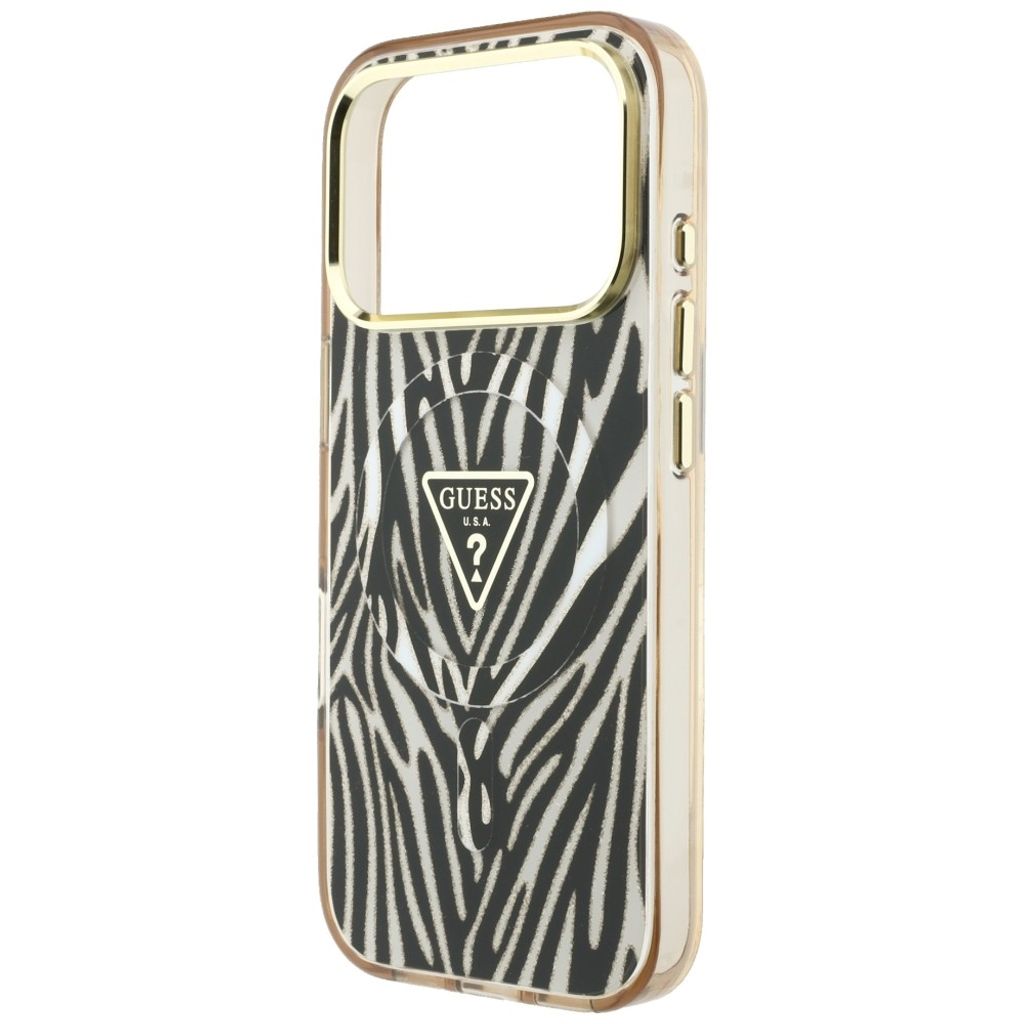 Guess Zebra Glitter Triangle Logo MagSafe -kuori  iPhone 17 Pro/18 Pro Case:lle - Kulta