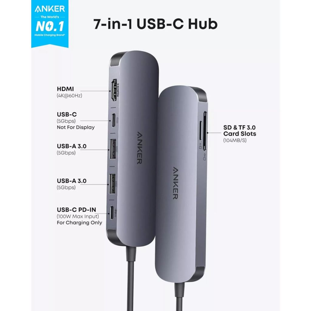 Anker 7-i-1 USB-C Hub 2x USB-A / 2x USB-C / 1x HDMI / 1x SD / 1x microSD