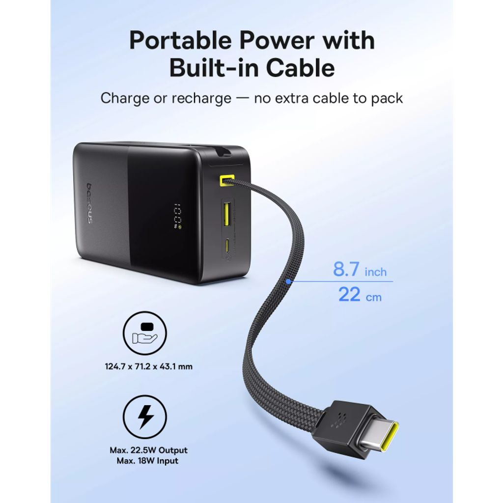 Baseus Powerbank EnerFill Bipow2 Pro 30000mAh 22.5W QC/PD + USB-C-kabel - Svart