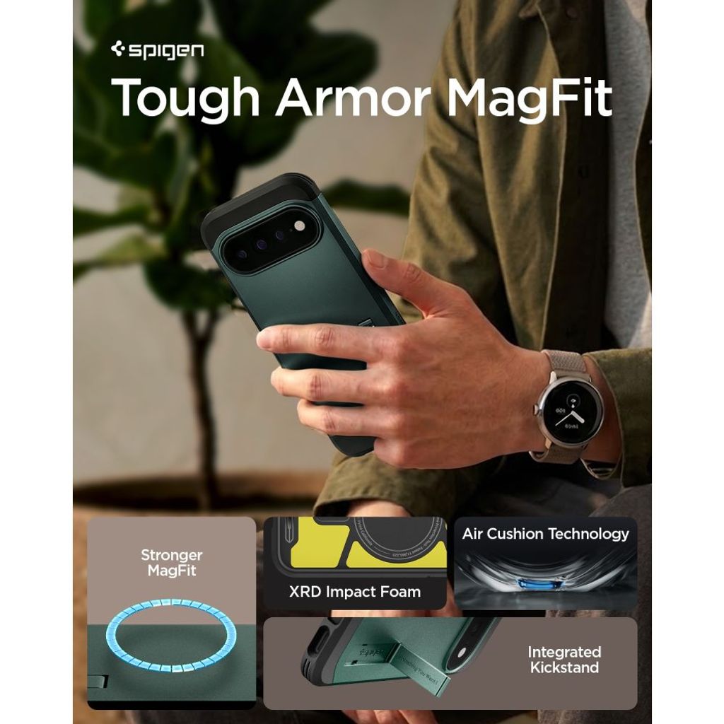 Spigen Tough Armor MagSafe -kuori till Google Pixel 11 Pro - Tummanvihreä
