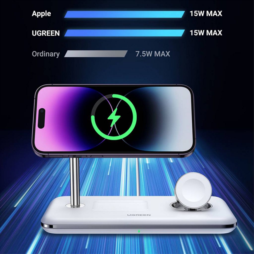 Ugreen CD278 3-i-1 trådløs lader for iPhone/Apple Watch/AirPods - hvit