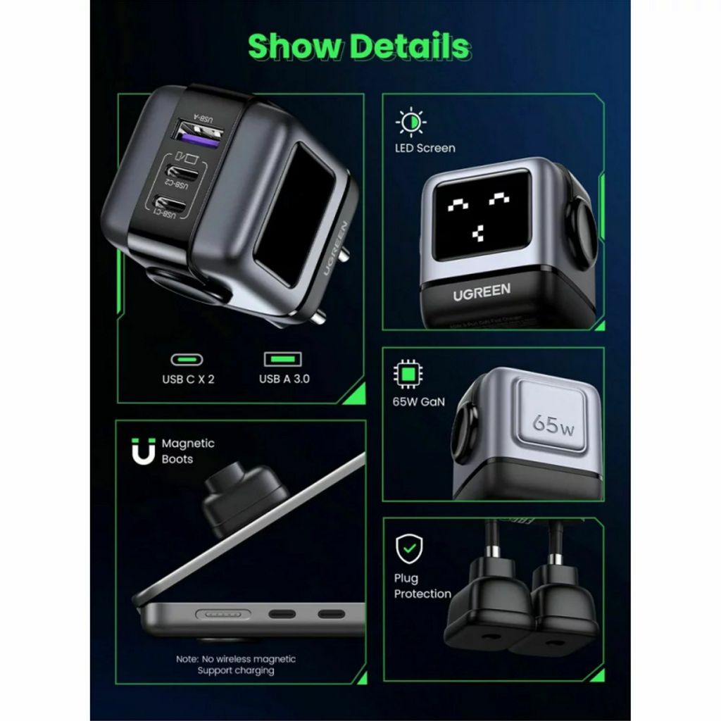 UGREEN CD361 Uno 65W seinälaturi – 2 x USB-C + 1 x USB-A