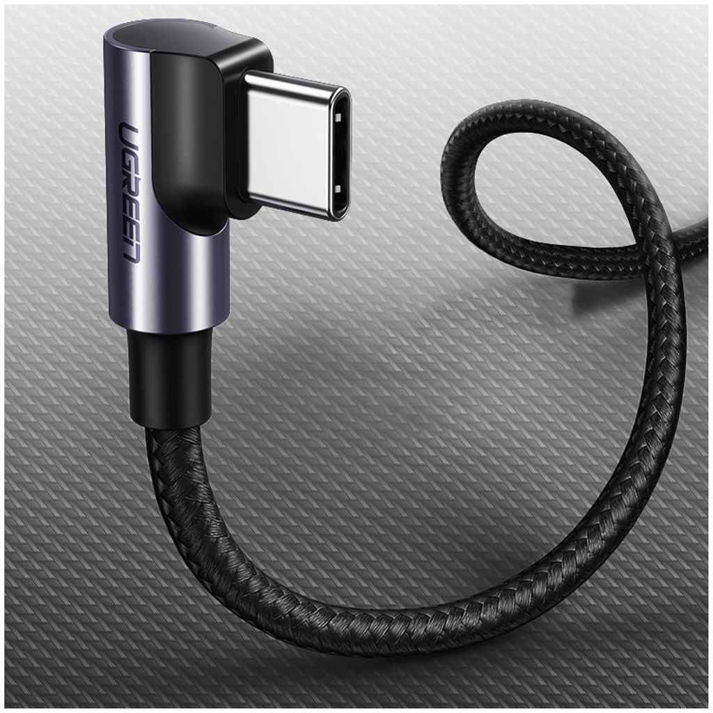 UGREEN US255 USB-C till USB-C-kabel vinklad, 60W, 3A, 2m – grå