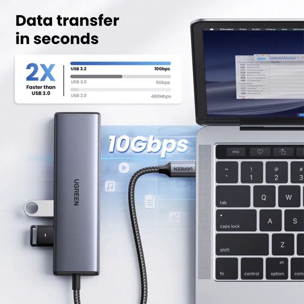 UGREEN CM512 USB-C Hub med 1x USB-A 3.2 / 1x USB-A / 3x USB-C / 1x RJ45 - grå