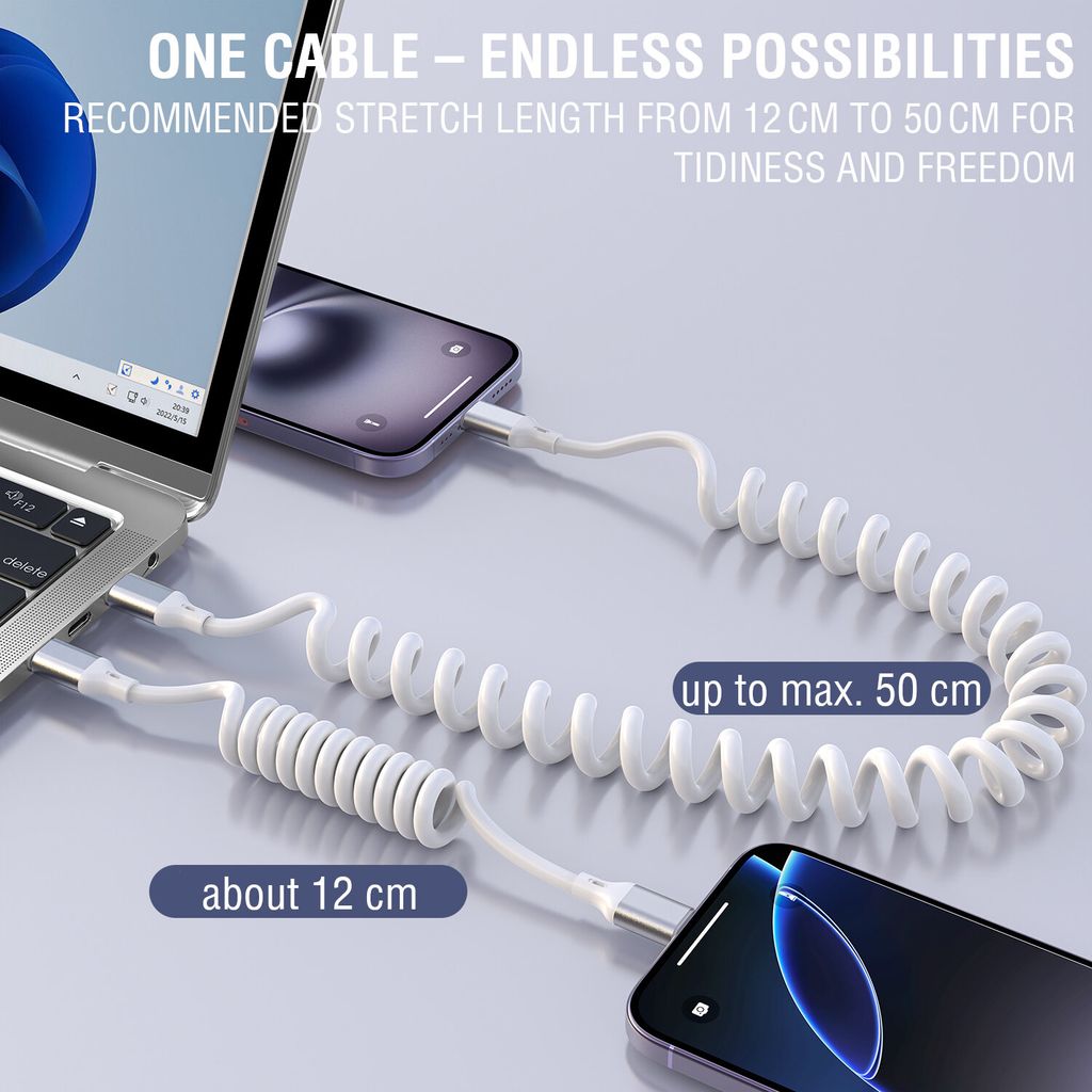 4Smarts USB-C-kabel, uttrekkbar spiralkabel, 100 W, 1,35 m – hvit