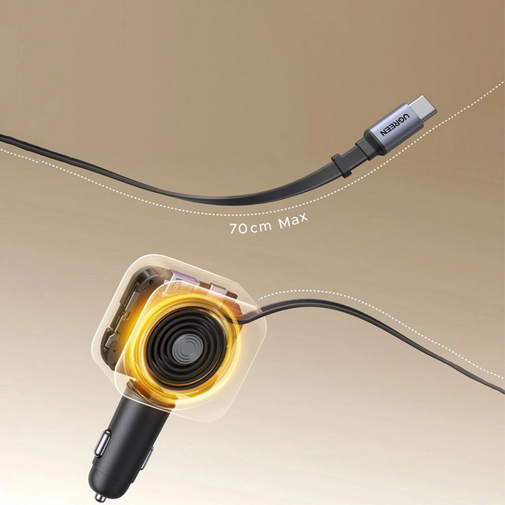 Ugreen Nexode billaddare 145W, USB-C/USB-A med utdragbar USB-C kabel – svart