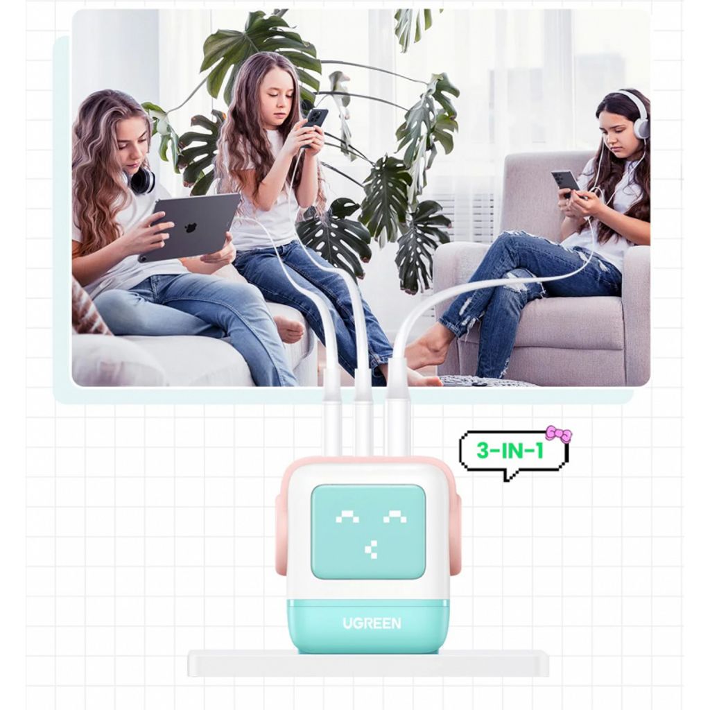 UGREEN CD361 Uno väggladdare USB-C/USB-A 65W – Blå/Rosa