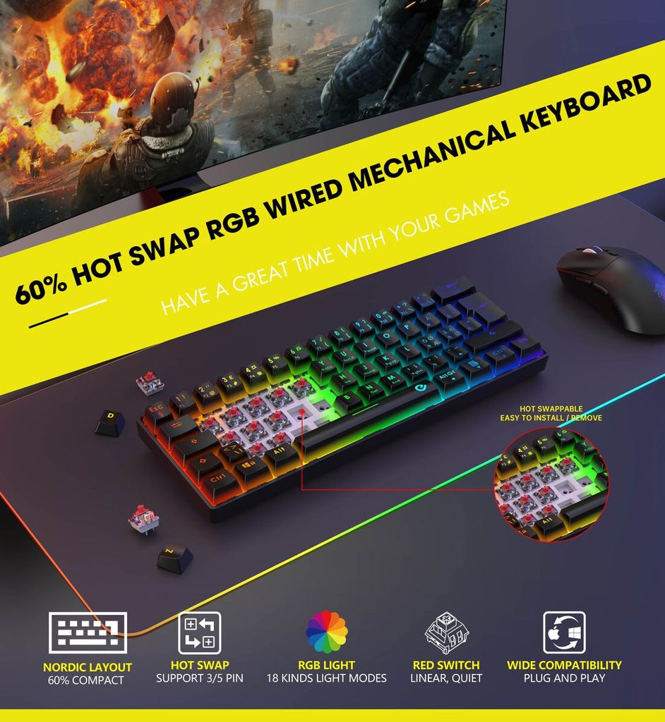 Exibel GKMX-5 Mekanisk Gamingtastatur 60 Procent – Sort