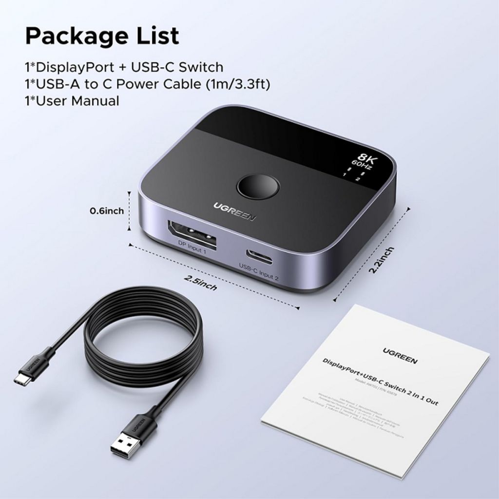 UGREEN 65878 DisplayPort / USB-C-bryter – svart