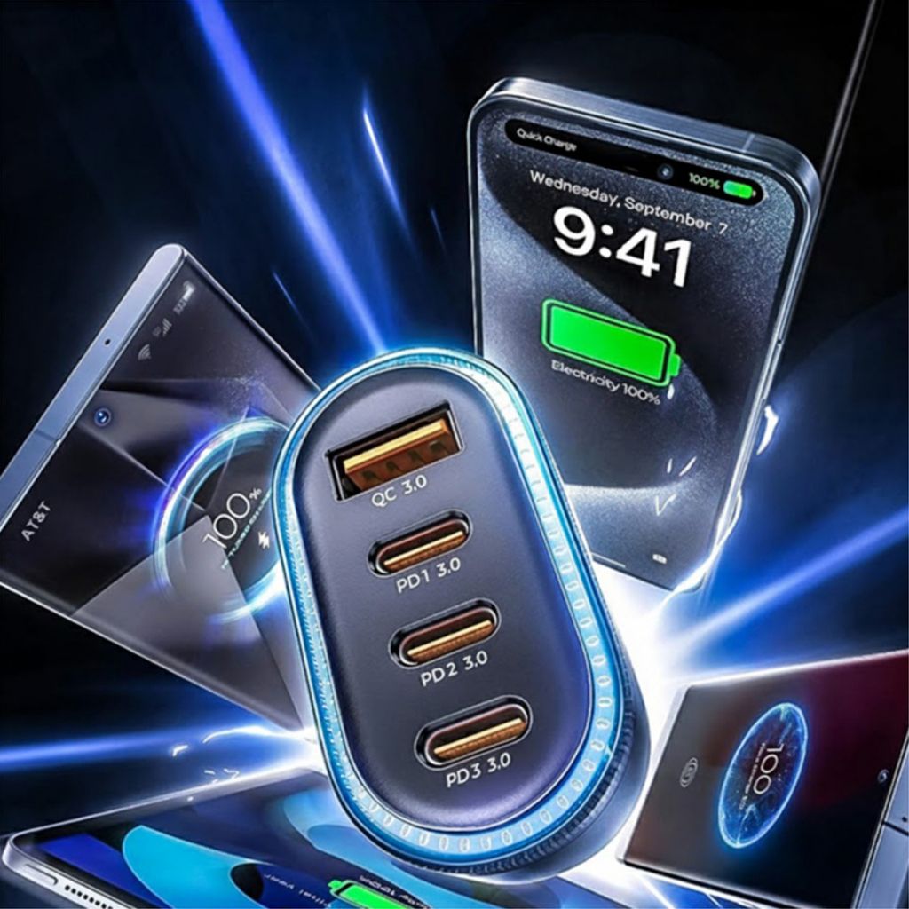 Lisen billaddare 101W, 3.25A, 1x USB-A / 3x USB-A med USB-C kabel – Svart