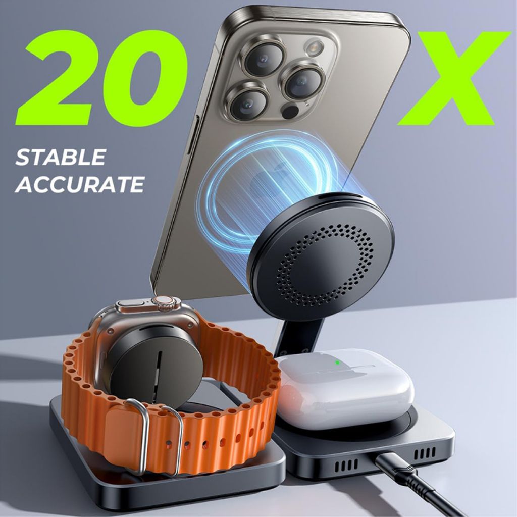 Lisen W103 3-i-1 trådlös laddare för MagSafe/Apple Watch/AirPods – Svart