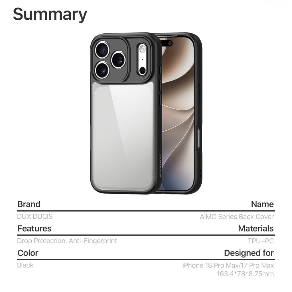 DUX DUCIS iPhone 17 Pro Max/iPhone 18 Pro Max kuori - musta/läpinäkyvä